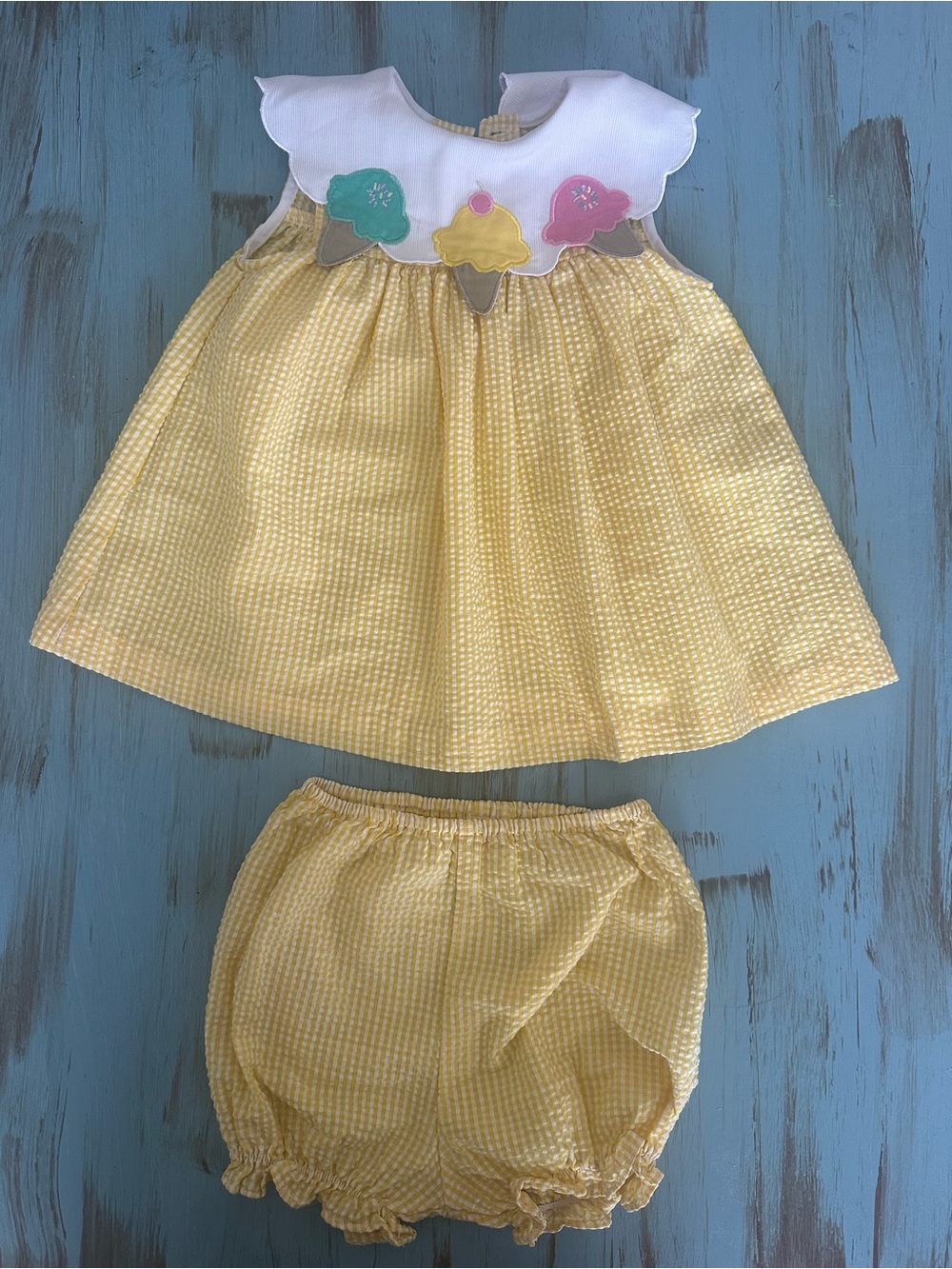 Samara Baby Yellow Seersucker Bloomer Set with Ice Cream Collar